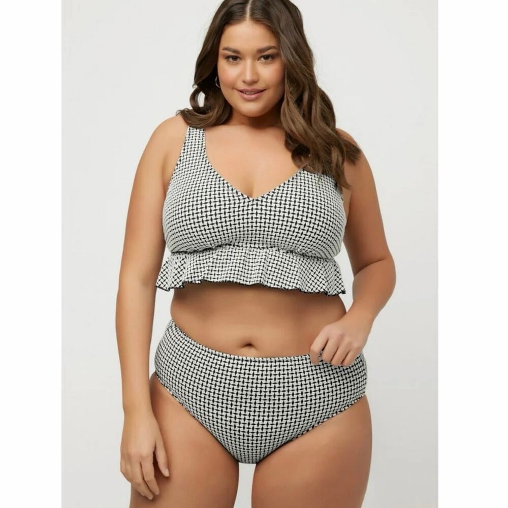 Ulla Popken Plus Size Bikini Set Black White Ruffle Top